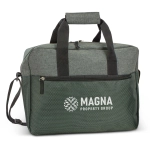 A green and grey business satchel with dual handles, an adjustable shoulder strap, and a logo on the front.