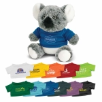 A grey koala plush toy wearing a blue shirt, with various coloured shirts displayed below it.