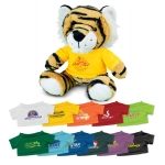 A plush tiger toy with orange and black stripes, wearing a yellow shirt, accompanied by various colourful t-shirts.