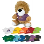 A plush lion toy with a brown body and a golden mane, wearing a purple T-shirt, featuring various logos.