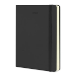 A black 2026 daily planner with a soft cover and an elastic band. Features cream-coloured pages.