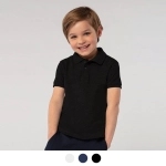 A black polo shirt designed for kids, featuring a collar and short sleeves, modelled by a smiling boy.