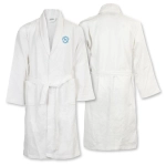 A white waffle bathrobe featuring a logo, with front and back views displayed.