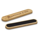 A bamboo nail file in natural wood with a black sanding surface and a logo on one side.