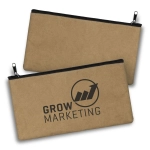 A kraft pencil case in a brown tone featuring a logo, with a black zip closure.