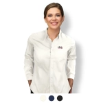 A women's button-up shirt in white, featuring a logo on the chest, with options for additional colours displayed below.