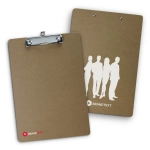 A brown clipboard with a silver clip, featuring a silhouette design on one side and a logo.
