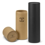 A drink bottle gift tube in black, with a smaller brown tube beside it, both featuring a logo.