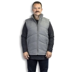 A grey puffer vest with a zip front and high collar, worn by a man with a moustache.