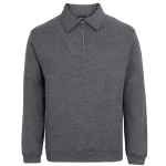 A dark grey 1/2 zip fleecy jumper featuring a collar and long sleeves, with a subtle logo.