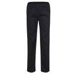 A pair of black elasticated chef pants featuring a simple design and an elastic waistband.