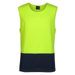 A sleeveless work singlet in lime with a navy blue bottom section, featuring a brand logo.