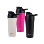 A drink bottle set featuring three vacuum protein shakers in white, pink, and black, each with a black lid and logo.