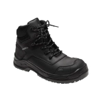 A black safety boot featuring a high-top design, laces, and a logo. Suitable for protective footwear use.