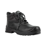 A black lace-up boot with a textured finish and sturdy sole, featuring stylish laces and a logo.