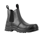 A black elastic-sided boot featuring a textured surface and rubber sole, with a pull tab for easy wear.