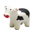 A black and white stress cow figurine, featuring a friendly expression and a solid design. It has a small logo on one side.