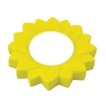 A yellow stress relief toy shaped like a flower, featuring a central circular opening.