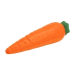 An orange stress toy shaped like a carrot, with a green top, featuring a smooth surface.