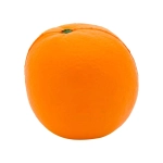 A bright orange stress ball shaped like an orange, featuring a slight texture and green stem detail on top.