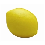 A squishy, bright yellow stress lemon featuring a smooth texture, ideal for stress relief. It has a logo on its surface.