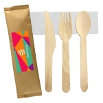 A wooden cutlery set featuring a knife, fork, and spoon, presented with eco-friendly packaging and a logo.