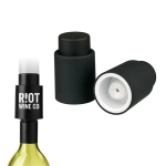 A drink bottle wine stopper in matte black, featuring a circular design and a logo.