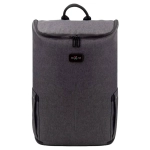 A grey backpack with a zippered top, featuring a handle and side pockets, plus a branding logo.