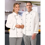 A unisex executive chef jacket in white with black trim, worn by a woman and a man in a kitchen setting.