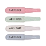 A cutlery set featuring four utensils in soft pink, green, white, and blue hues, made from wheat straw.