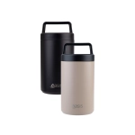 A drink bottle featuring a vacuum food flask in black and light beige, with a spoon and a handle. It has a logo.