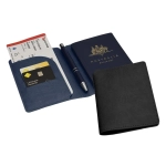 A navy and black passport wallet featuring card slots, a pen, and an Australian passport. It has a branded logo.