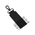 A black golf tee holder with space for multiple white tees and a clip for attachment.