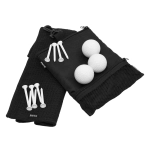 A black pouch contains three white golf balls and several white tees. The pouch features a mesh section.