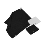 A set of golf towels in black and white, featuring a textured design and a clip for attachment.