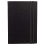 A black diary with a textured cover, featuring elastic closure bands and a simple design.
