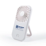 A portable white fan stands upright, featuring a small logo on the front. Ideal for outdoor leisure use.