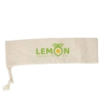 A cream-coloured drawstring pouch with a logo, featuring a tied end and a smooth fabric texture.