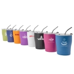 A drink bottle collection featuring various colourful tumblers with reusable straws and logos.