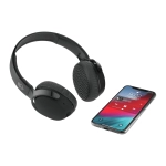 Wireless headphones in black beside a smartphone displaying a music player interface.