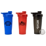 A drink bottle set featuring blue, red, and black shaker cups with various logos. Each includes a screw-on lid and mixing ball.