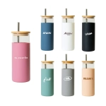 A drink bottle collection featuring various tumblers in pink, blue, white, black, and beige with bamboo lids and straws.