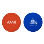 A silicon frisbee in red and blue, featuring a logo on one side and text on the other side.