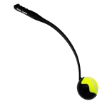 A black ball launcher with a yellow and black ball attached, featuring a handle.