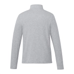 A grey quarter zip jacket for men with a high collar and long sleeves, featuring a logo on the back.