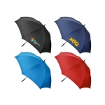 A collection of four golf umbrellas in black, blue, red, and a logoed design. Each umbrella features a sturdy handle.