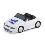 A white stress car toy with a black interior and a logo on the side.