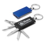 A blue and black multi-function metal key ring with various tools and a logo.