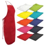A red bib apron is displayed alongside folded aprons in various colours including white, green, yellow, blue, orange, pink, and black.
