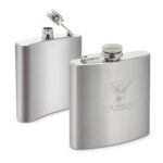 A drink bottle styled hip flask in stainless steel, featuring a logo, with a secure screw cap.